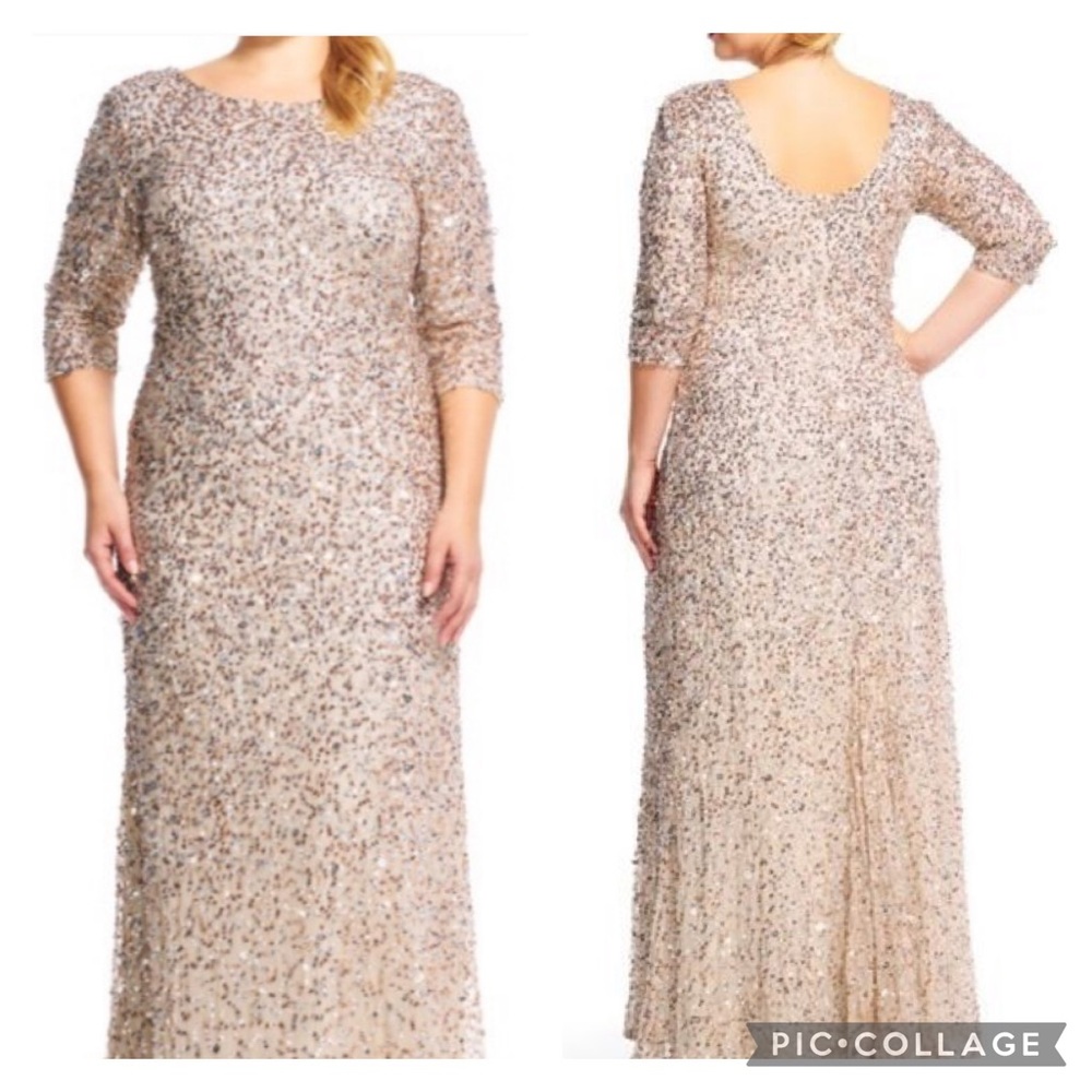 Adrianna Papell sequins plus size, 3/4 sleeves long gown